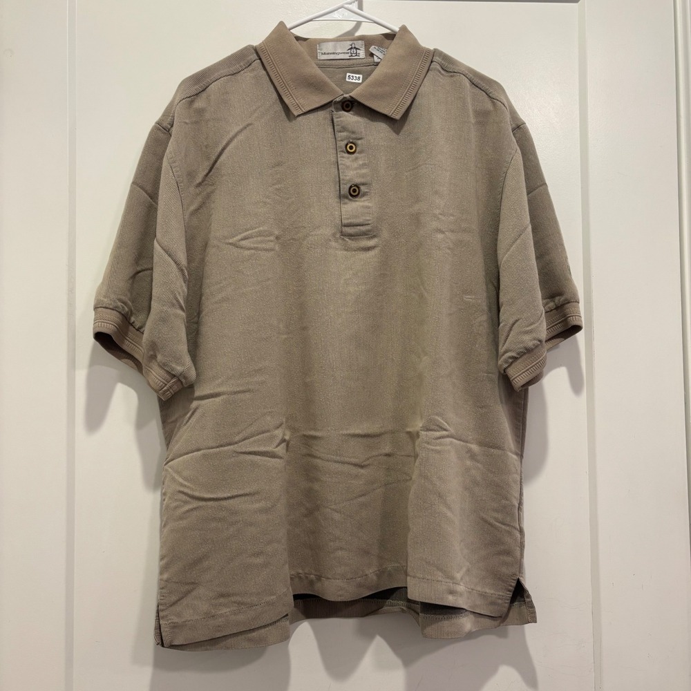 Munsingwear Penguin Mens Large Tan Ribbed Texture Short Sleeve Polo Shirt L